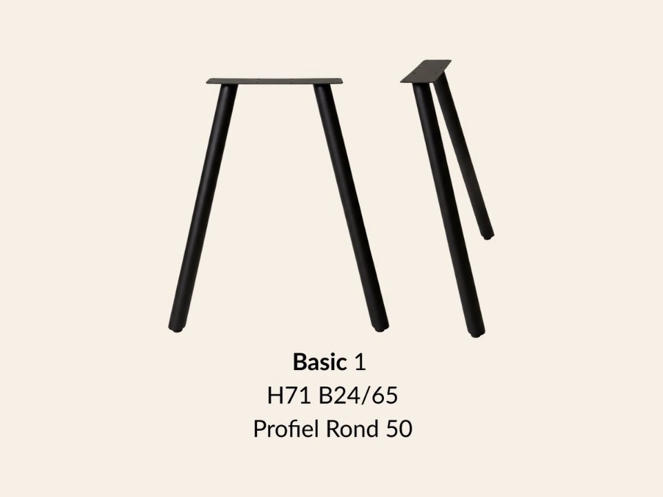 Metalen onderstel Basic 1 zwart RAL9005 - 24 × 65cm. Profiel Ø50mm set 2 stuks