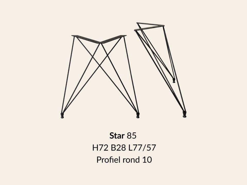 Metalen onderstel Star zwart RAL9005 - 28 × 77cm breed. Profiel Ø10mm set 2 stuks