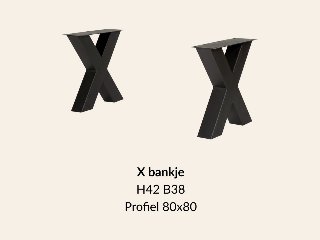 Metalen onderstel X bankje zwart RAL9005 - 38cm breed. Profiel 80 × 80mm