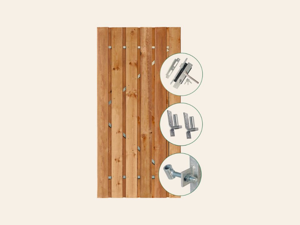 Tuindeur privacy bruin geïmpregneerd 100 × 195cm / RVS inbouwslotset