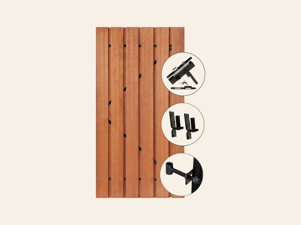 Tuindeur Privacy hardhout 90 × 195 cm met zwart frame en RVS inbouwslotset