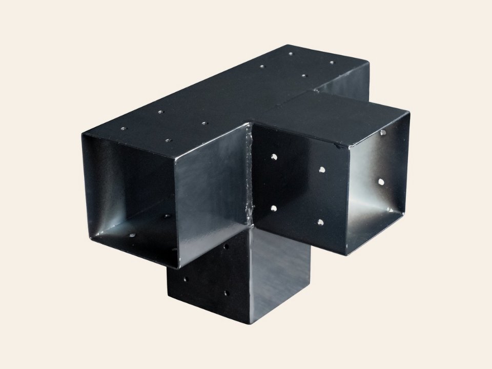Gegalvaniseerd verbindingsstuk 4-weg T-model voor vierkante palen 12 × 12 cm zwart gepoedercoat, incl. bevestigingsset