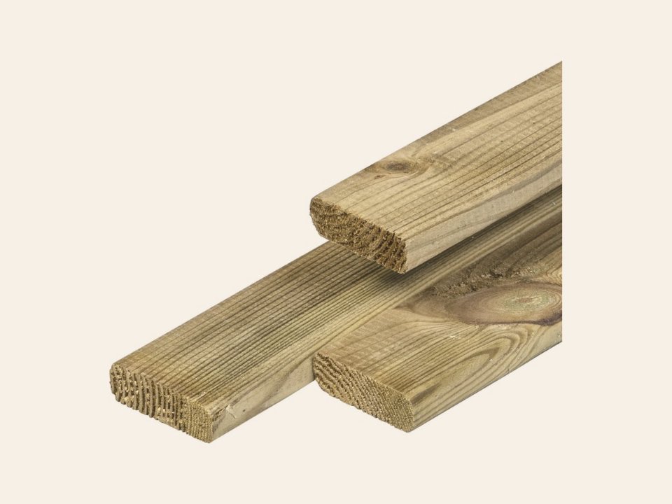 Grenen lat 1,6 × 4,5 × 180 cm, gedroogd, groen geïmpregneerd, geschaafd, 4 ronde hoeken