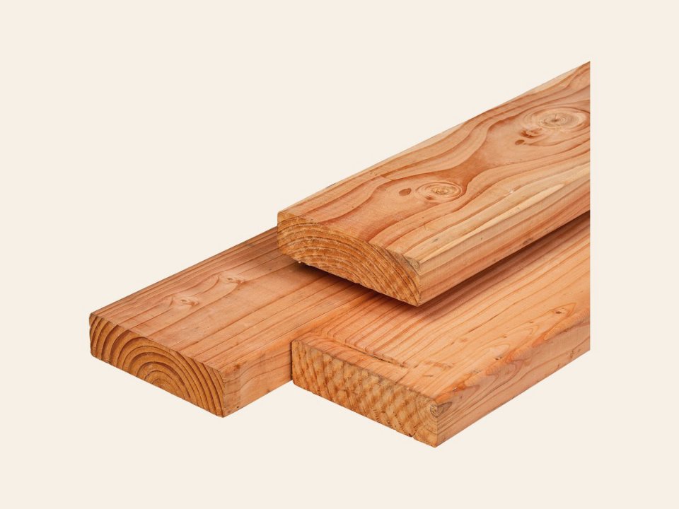 Douglas ligger 4,5 × 16,0 × 500 cm, gedroogd, geschaafd, 4 ronde hoeken