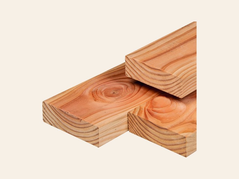 Douglas ligger 6,5 × 19,0 × 400 cm, gedroogd, geschaafd, 4 ronde hoeken