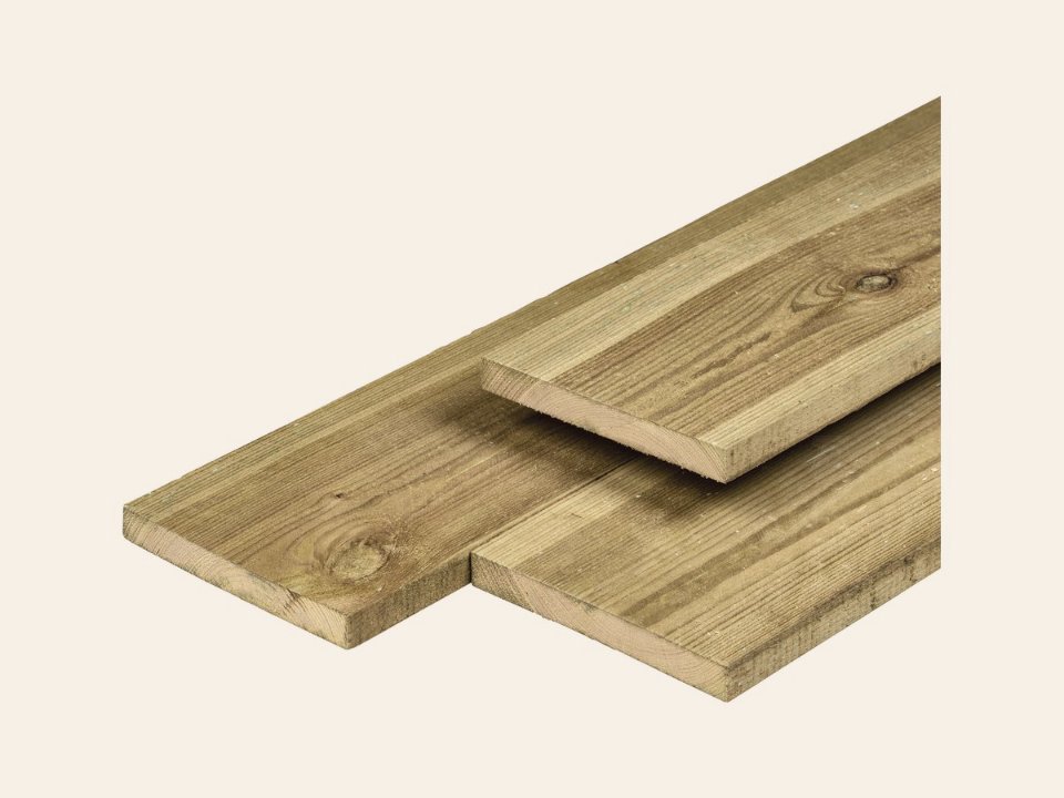 Grenen plank 1,6 × 14,0 × 180 cm, vers, groen geïmpregneerd, geschaafd, 4 ronde hoeken