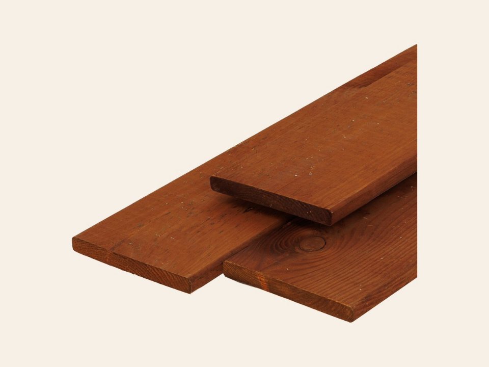 Grenen plank 1,6 × 14,0 × 400 cm, vers, bruin geïmpregneerd, geschaafd, 4 ronde hoeken