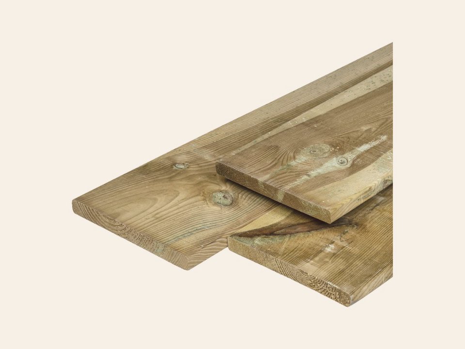 Grenen plank 2,0 × 20,0 × 400 cm, vers, groen geïmpregneerd, geschaafd, 4 ronde hoeken