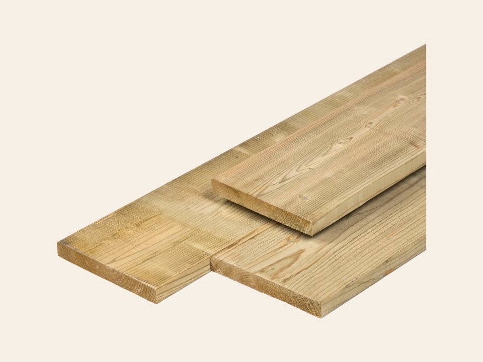 NE vuren plank 1,9 × 14,5 × 450 cm, vers, groen geïmpregneerd, geschaafd, 4 ronde hoeken