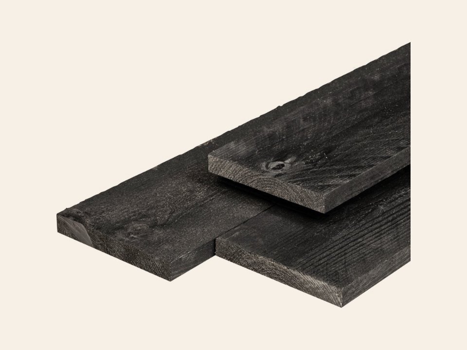 Douglas kantplank 1,6 × 14,0 × 400 cm, vers, zwart geïmpregneerd, fijnbezaagd, scherpkantig