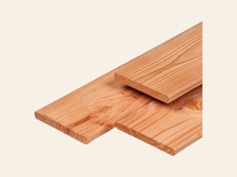 Douglas plank 1,6 × 14,0 × 400 cm, gedroogd, geschaafd, 4 ronde hoeken
