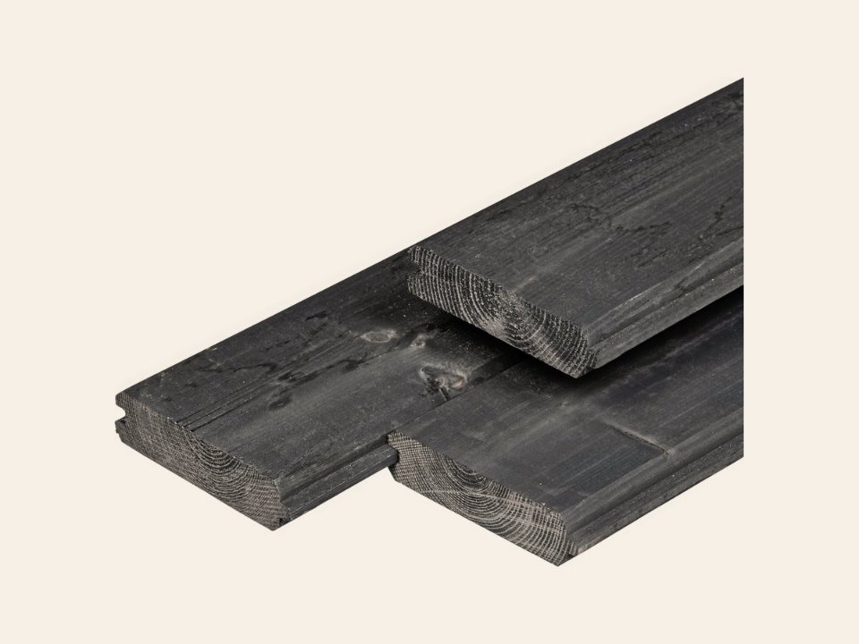 NE vuren blokhutprofiel 2,8 × 12,1 × 360 cm, gedroogd, zwart geïmpregneerd, geschaafd