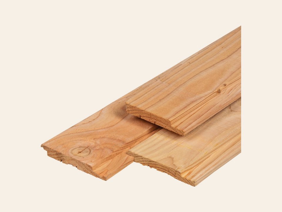 Douglas channelsiding 1,8 × 14,2 × 300 cm, gedroogd, 3 zijden geschaafd, 1 zijde fijnbezaagd