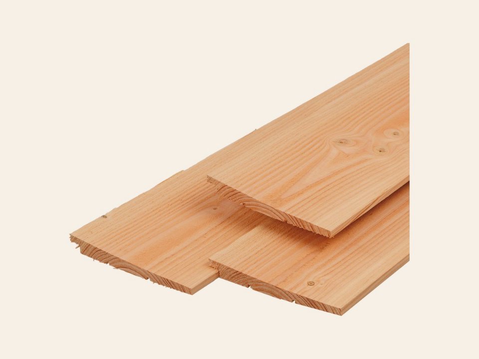 Douglas zweeds rabat 1,1/2,2 × 19,5 × 400 cm, vers, 3 zijden geschaafd, 1 zijde fijnbezaagd, scherpkantig, 1 zijde 2 groeven