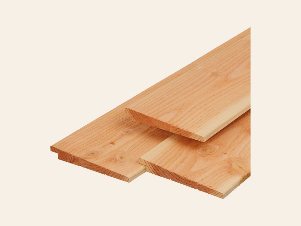 Douglas zweeds rabat excellent 1,2/2,7 × 19,5 × 500 cm, vers, 3 zijden geschaafd, 1 zijde fijnbezaagd, scherpkantig, 1 zijde 2 groeven