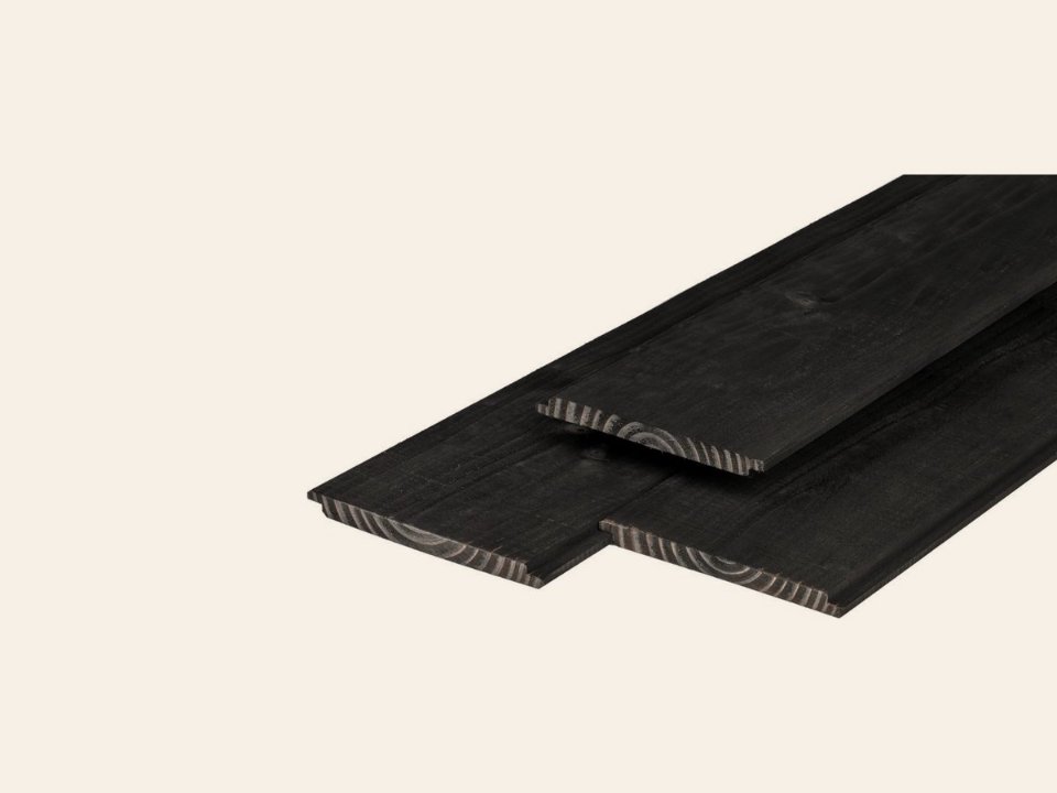Douglas wisselsponning 1,8 × 19,5 × 400 cm, zwart gespoten, 3 zijden geschaafd, 1 zijde fijnbezaagd