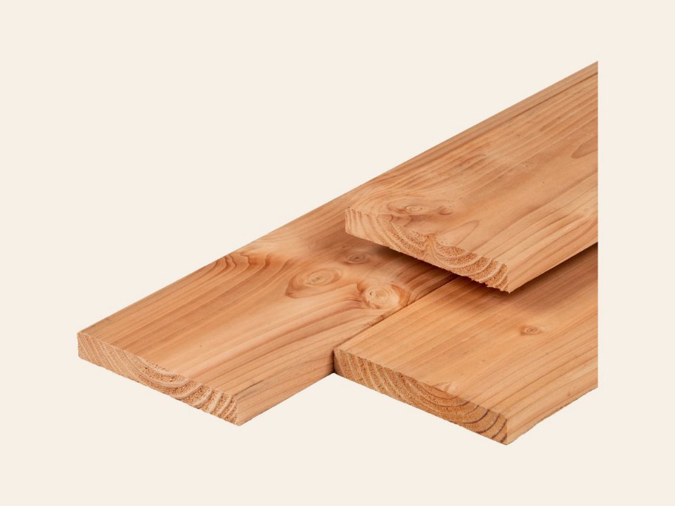Douglas vlonderplank 2,8 × 19,5 × 300 cm, gedroogd, 3 zijden geschaafd, 1 zijde fijnbezaagd, 1 zijde vellingkant