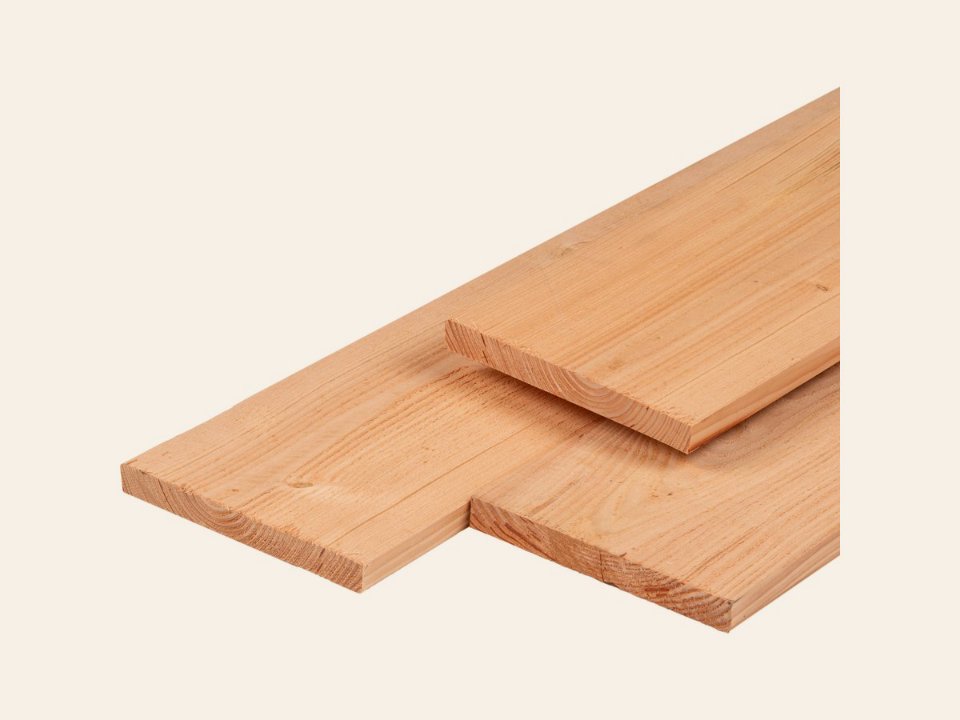 Douglas plank 2,8 × 24,5 × 400 cm, gedroogd, 3 zijden geschaafd, 1 zijde fijnbezaagd, vellingkant
