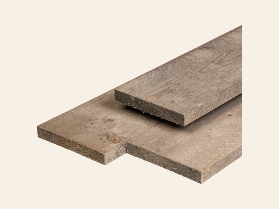 ME vuren steigerplank 2,9 × 19,0 × 400 cm, gedroogd, zilvergrijs geïmpregneerd, fijnbezaagd, scherpkantig