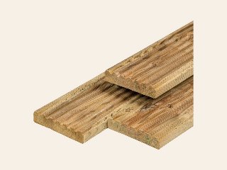Grenen vlonderplank 2,8 × 14,0 × 400 cm, vers, groen geïmpregneerd, geschaafd, 1 zijde 8 groeven