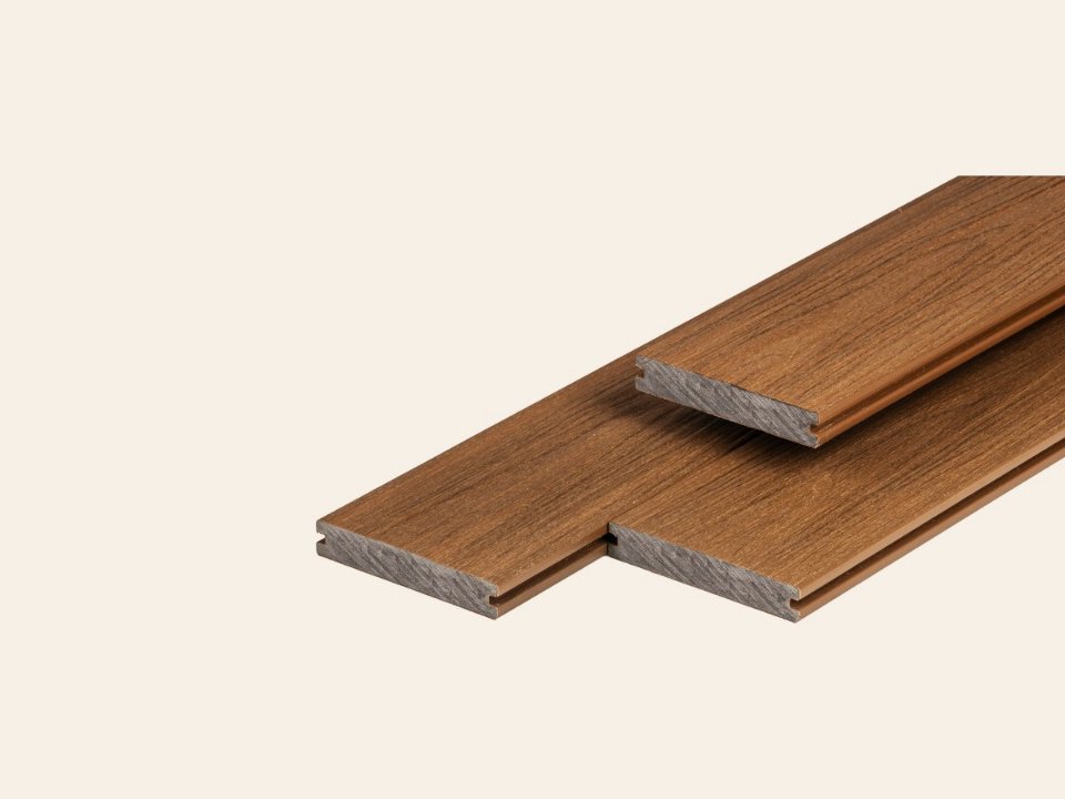 PuraShield composiet vlonderplank 2,3 × 13,8 × 400 cm, teak, massief, fijne houtnerf, clip systeem