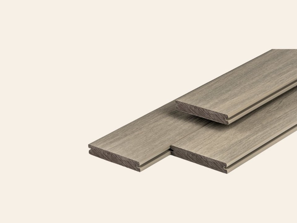 PuraShield composiet vlonderplank 2,3 × 13,8 × 400 cm, light grey, massief, fijne houtnerf, clip systeem