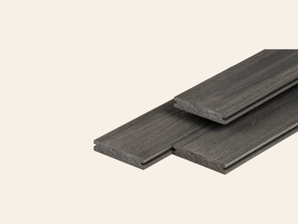 PuraShield composiet vlonderplank 2,3 × 13,8 × 400 cm, dark grey, massief, fijne houtnerf, clip systeem
