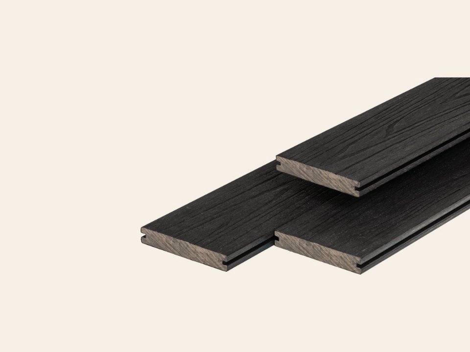 PuraShield composiet vlonderplank 2,3 × 13,8 × 500 cm, ebony black, massief, fijne houtnerf, clip systeem