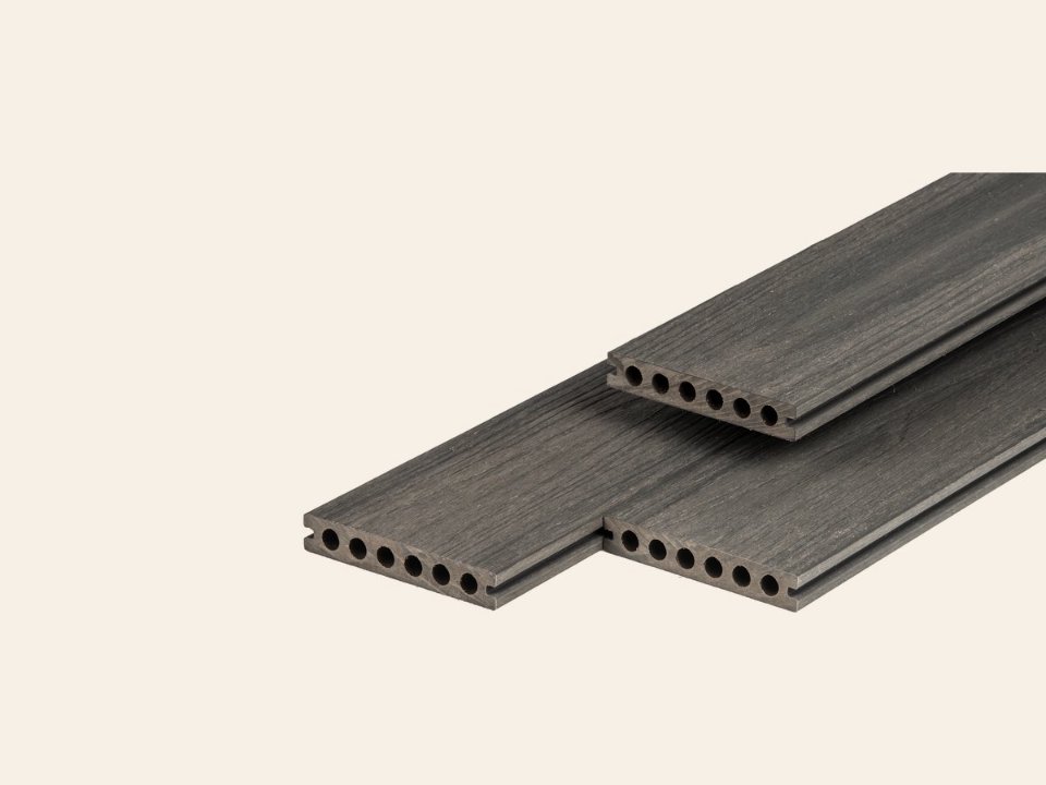 PuraShield composiet vlonderplank 2,3 × 13,8 × 500 cm, dark grey, semi-massief, fijne houtnerf, clip systeem