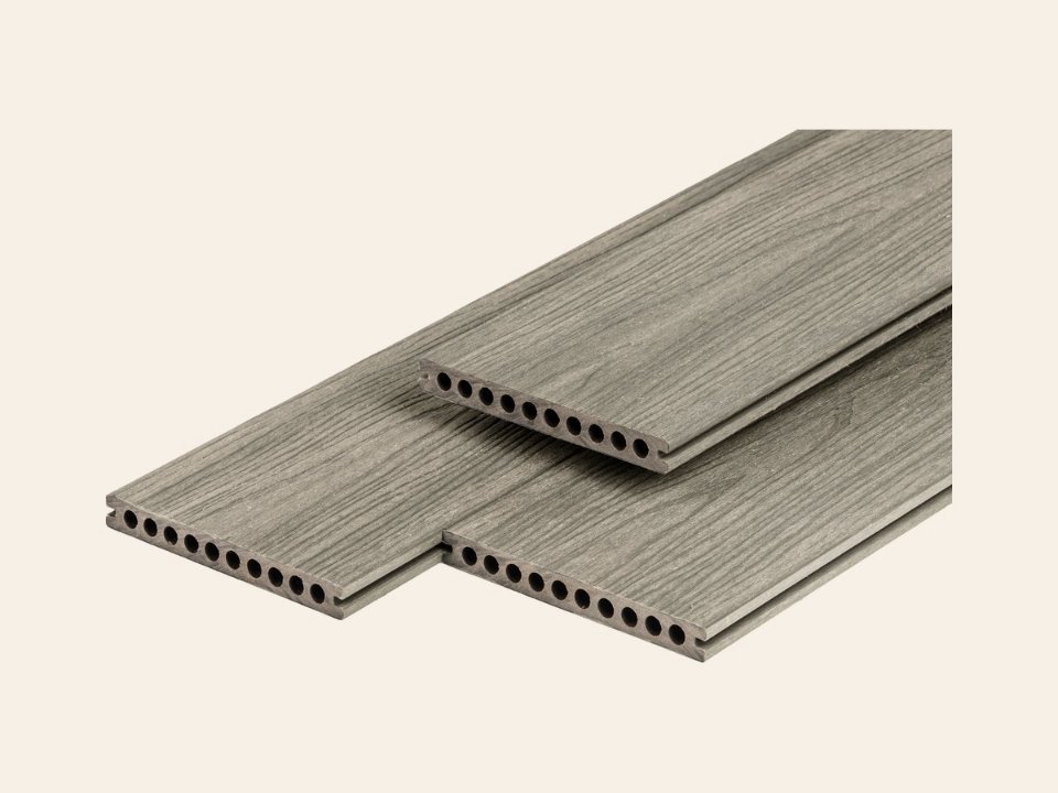 PuraShield composiet vlonderplank 2,3 × 21,0 × 400 cm, light grey, semi-massief, fijne houtnerf, clip systeem