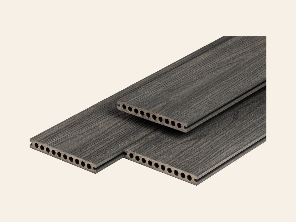 PuraShield composiet vlonderplank 2,3 × 21,0 × 500 cm, dark grey, semi-massief, fijne houtnerf, clip systeem