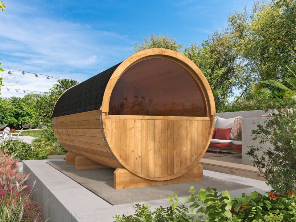 Saunabarrel, Ø205 × 400 cm, 42 mm, Thermowood, met ½ panorama raam