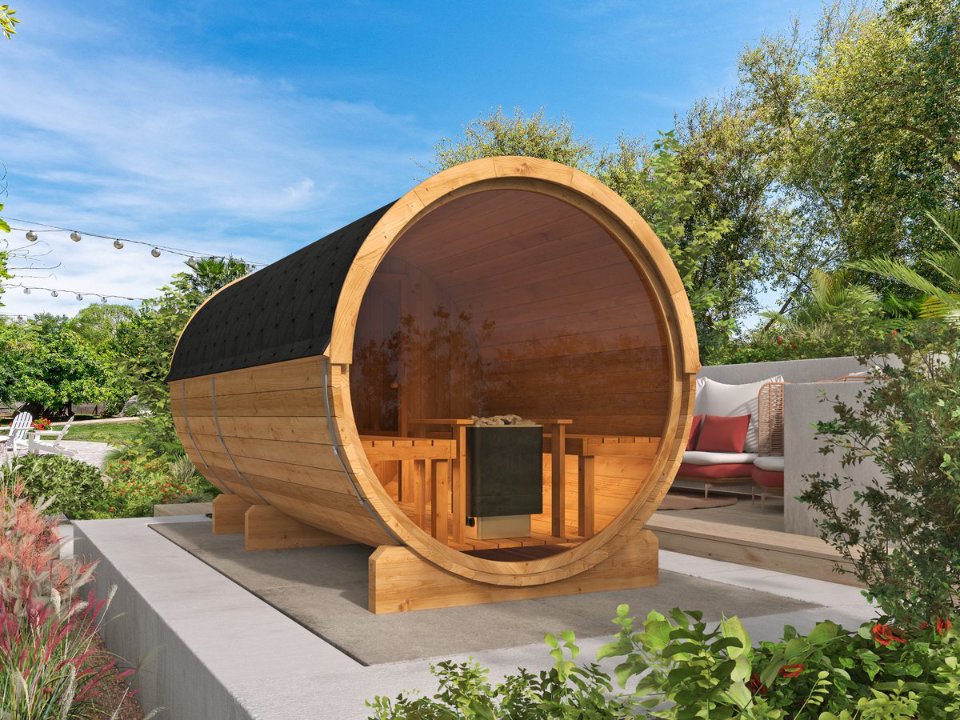 Saunabarrel, Ø205 × 400 cm, 42 mm, Thermowood, met panorama raam