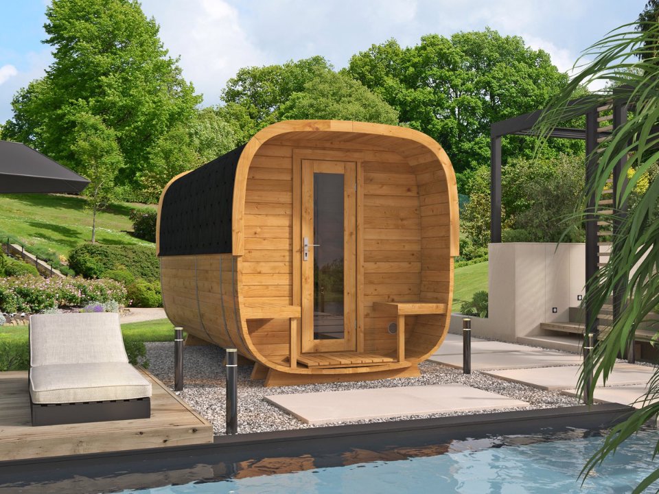 Sauna cube Rovaniemi 390 cm, 42 mm, Thermowood, met ½ panorama raam