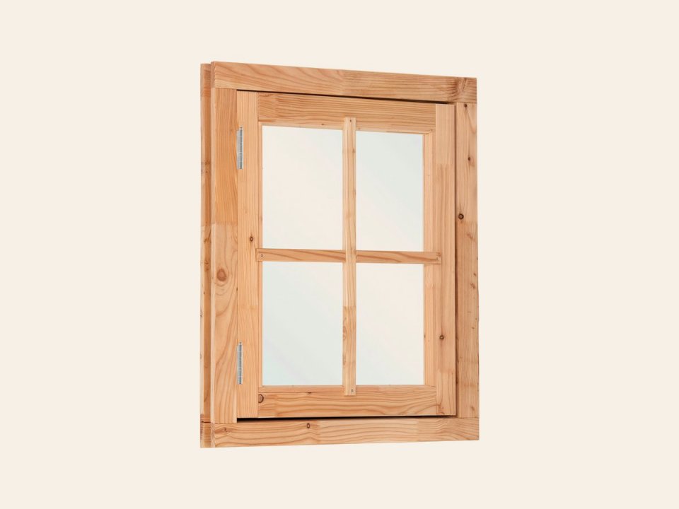 Douglas draairaam buitenmaat B90 x H105 cm onbehandeld, 4-ruits, linksdraaiend, afsluitbaar met raamkruk (rvs beslagset)