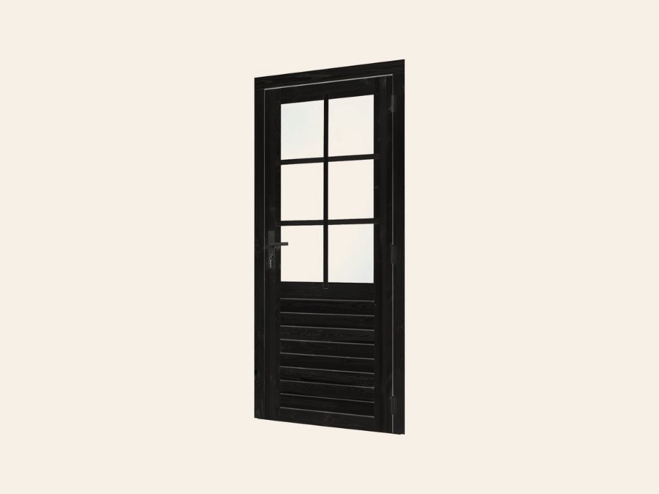 Vuren enkele glas deur 6-ruits zwart gespoten B1000xH2050mm buitenmaat, rechtsdraaiend