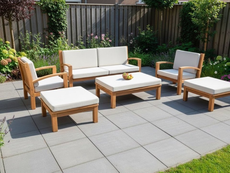 Teak modulaire lounge set Tambora – Bijzettafel/Hocker incl. kussen en glasplaat – 80 × 80 x H30/40cm