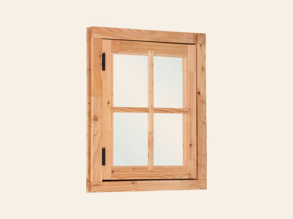 Douglas draairaam dubbelglas buitenmaat B90 x H105 cm onbehandeld, 4-ruits, linksdraaiend, afsluitbaar met raamkruk met beslag