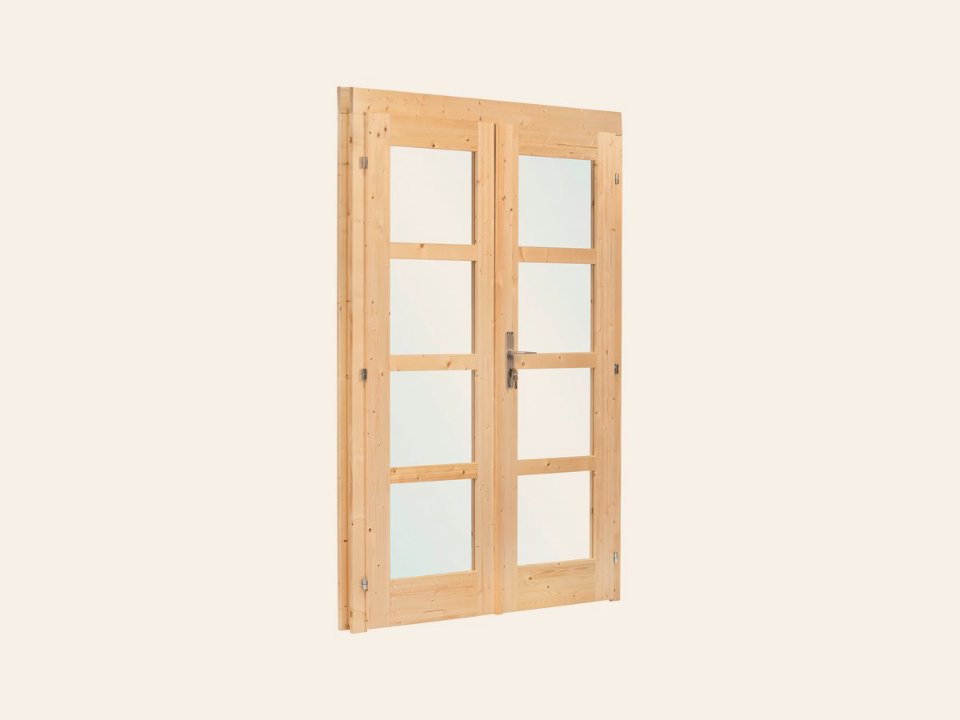 Dubbele deur+kozijn, vuren, enkel glas D1