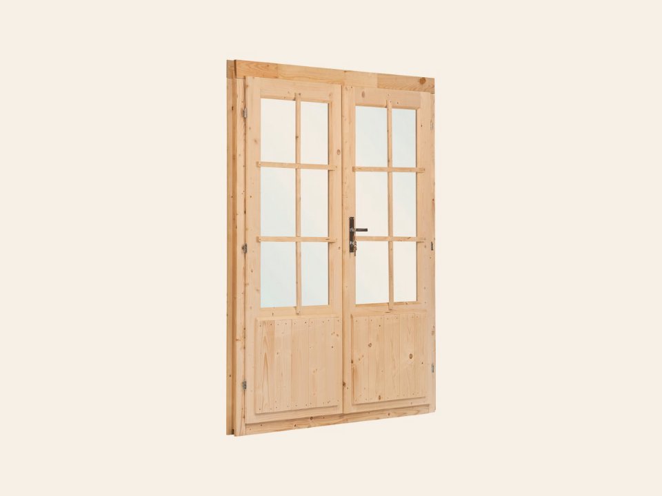 Dubbele deur+kozijn, vuren, enkel glas D3