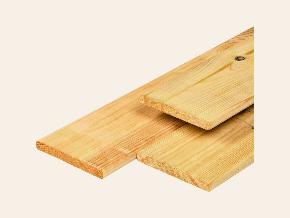 Douglas plank 1,6 × 14,0 × 400 cm, gedroogd, honinggeel geïmpregneerd, geschaafd, 4 ronde hoeken