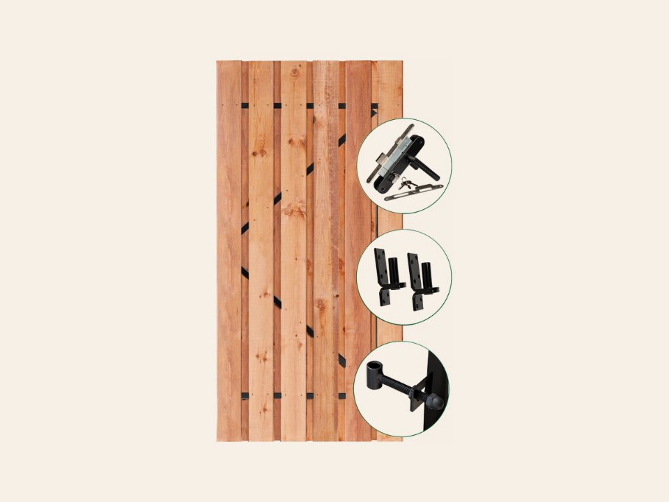 Tuindeur Privacy Red Class Wood 90 × 195 cm met zwart frame en RVS inbouwslotset