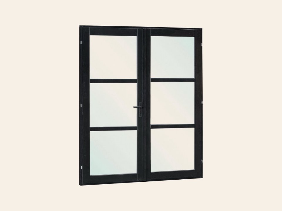 Vuren steellook dubbele glas deur zwart gespoten B2050xH2120 mm buitenmaat, linksdraaiend