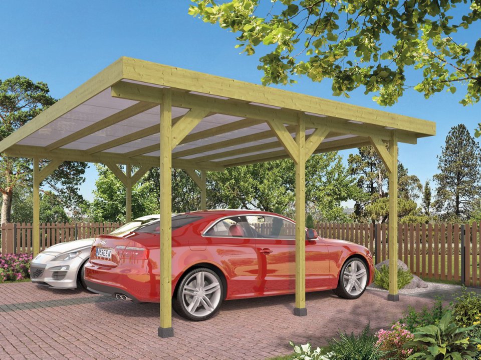 Carport Dubbel met PVC dakplaten grenen groen geïmpregneerd L500 x B600 cm