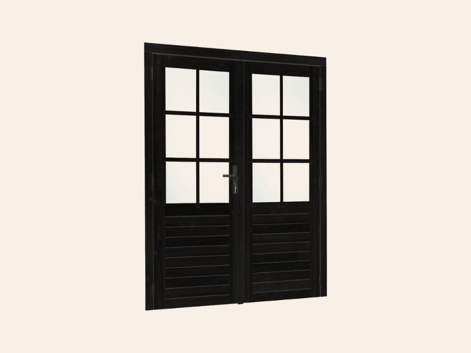 Vuren dubbele glas deur 6-ruits zwart gespoten B1850xH2050 mm buitenmaat, linksdraaiend