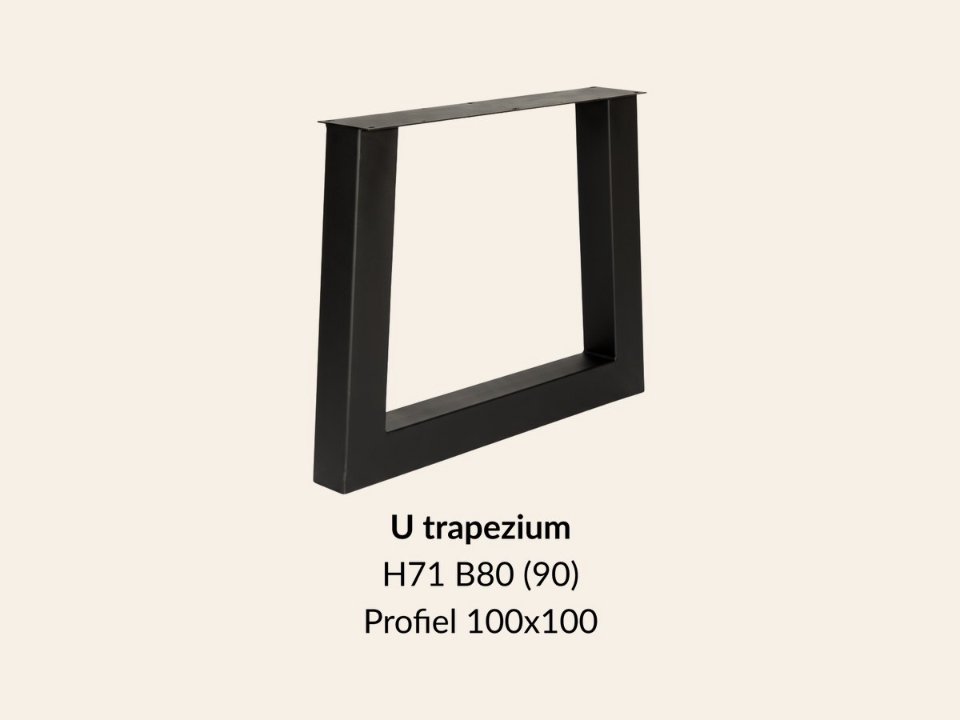 Metalen onderstel U trapezium zwart RAL9005 - 80-90 cm breed. Profiel 100 × 100 mm
